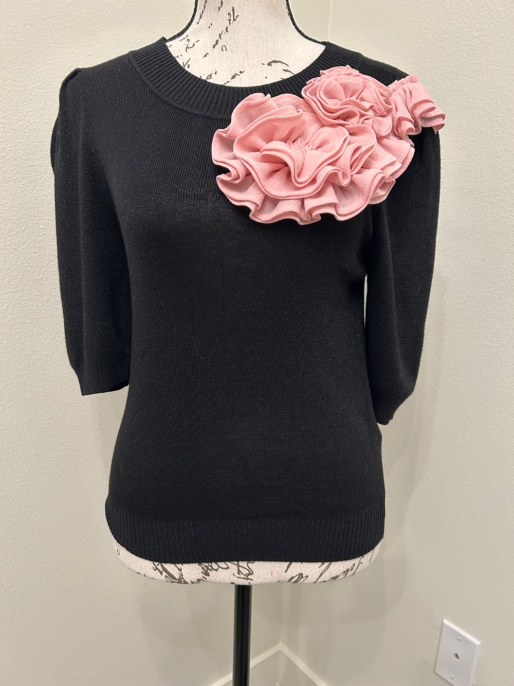 Maeve By Anthropologie Black Crewneck Sweater with Pink Floral Accent